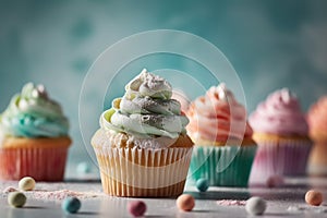 cupcakes on a pastel background, Shot using a Leica camera, and Soft shadows. Clean sharp focus. High-end retouching