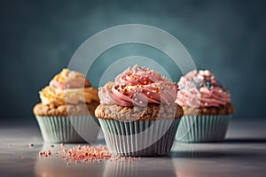 cupcakes on a pastel background, Shot using a Leica camera, and Soft shadows. Clean sharp focus. High-end retouching