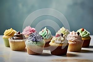 cupcakes on a pastel background, Shot using a Leica camera, and Soft shadows. Clean sharp focus. High-end retouching