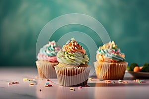 cupcakes on a pastel background, Shot using a Leica camera, and Soft shadows. Clean sharp focus. High-end retouching