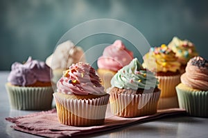 cupcakes on a pastel background, Shot using a Leica camera, and Soft shadows. Clean sharp focus. High-end retouching