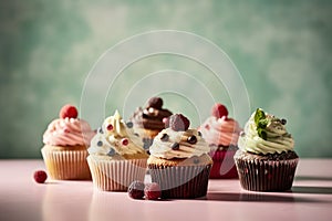 cupcakes on a pastel background, Shot using a Leica camera, and Soft shadows. Clean sharp focus. High-end retouching