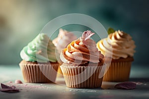 cupcakes on a pastel background, Shot using a Leica camera, and Soft shadows. Clean sharp focus. High-end retouching