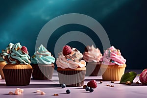 cupcakes on a pastel background, Shot using a Leica camera, and Soft shadows. Clean sharp focus. High-end retouching