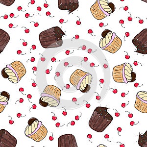 Cupcakes pattern illustration. Seamless print with pastry set. Vector bakery background.Hand draw style