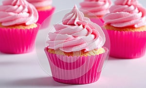 Cupcakes with pink cream on pink background. Sweet dessert.