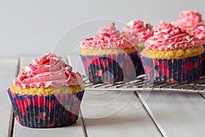 Cupcakes and Pink Frosting on Baking Rack with one Close Up