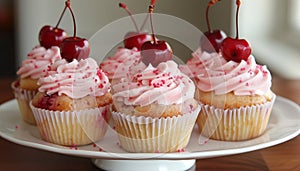 Cupcakes with pink frosting and cherries. AI generated.