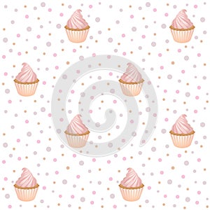 Cupcakes with pink whipped cream, surrounded by colorful dots of different sizes. Seamless vector pattern in pastel colores.