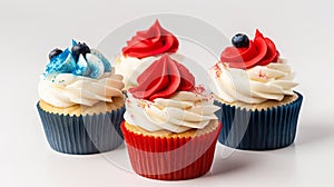 Cupcakes with red, white, blue frosting. AI generative sweets for Independence day, Fourth of July.