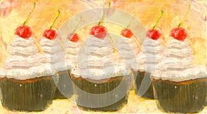 Cupcakes in a row vanilla frosting cherry on top oil painting