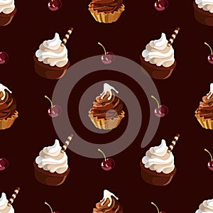 Cupcakes seamless pattern. Cakes with cream illustration. Vector