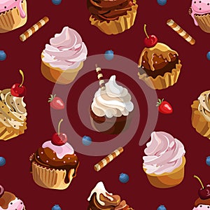 Cupcakes seamless pattern. Cakes with cream illustration. Vector