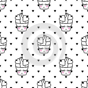 Cupcakes seamless vector pattern. Cute baby shower background with smiling cupcake.