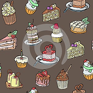 Cupcakes seamless vector pattern sketch style on retro brown background. Sweet cakes background design. Illustration