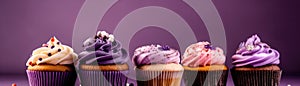 Cupcakes Standing On Gradient White Purple Background Wide Panoramic. Generative AI