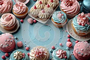 Cupcakes with swirls of frosting and various decorations meticulously placed around a central blank space on a blue surface