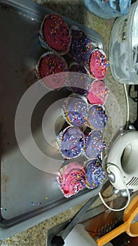 Cupcakes vainilla, frosting butter, purple and pink photo
