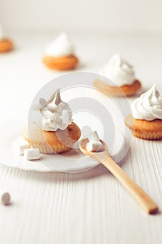 Cupcakes with vanilla cream and marshmallow on white plate, on wooden backdrop, vertical composition