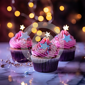 Cupcakes in vibrantly colors on a blur background