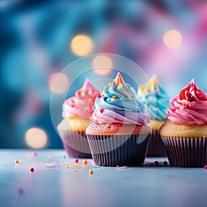 Cupcakes in vibrantly colors on a blur background