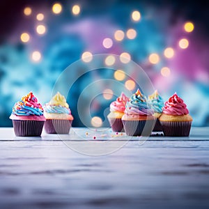 Cupcakes in vibrantly colors on a blur background