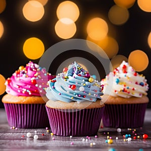 Cupcakes in vibrantly colors on a blur background