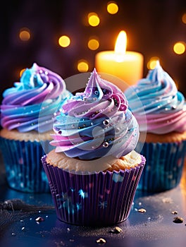 Cupcakes in vibrantly colors on a blur background