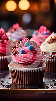 Cupcakes in vibrantly colors on a blur background