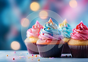 Cupcakes in vibrantly colors on a blur background