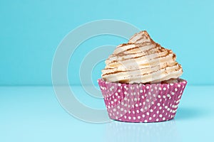 Cupcakes with whipped cream decorated chocolate powder on blue background