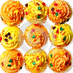 Cupcakes with yellow and orange frosting and colored sprinkles. Background. Sweet food for Halloween
