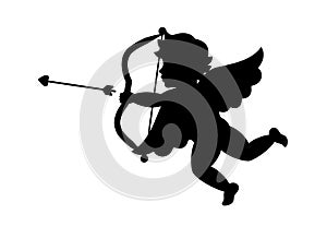 Cupid aiming a bow and arrow. Cherub silhouette. Valentine's day. Love symbol. Vector illustration.