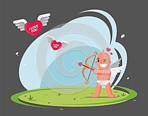 Cupid aims from a bow at flying hearts. card for valentines day.