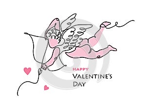 Cupid, amur vector line art card for Valentines day. One continuous lineart drawing of small angel archer with arrow and