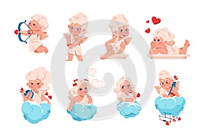 Cupid angel. Cartoon baby Valentine symbol. Cherub character with bow and arrows for greeting cards. Blonde angelic