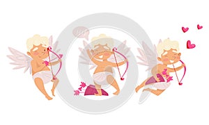 Cupid as Winged Chubby Boy in Diaper with Bow and Arrow Vector Set