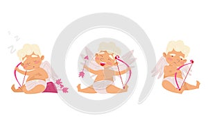 Cupid as Winged Chubby Boy in Diaper with Bow and Arrow Vector Set