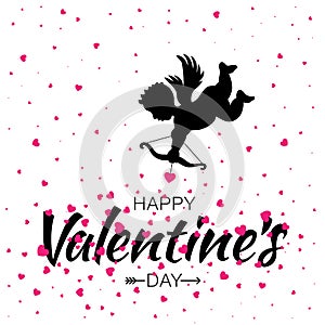 Cupid black silhouette with bow and arrow earts on white background. Valentines Day design. Flying Angel. Amur. Vector