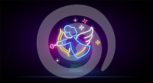 Cupid with a bow and arrow. Cupid shoots. Saint Valentines Day design. Night bright neon sign, colorful billboard, light