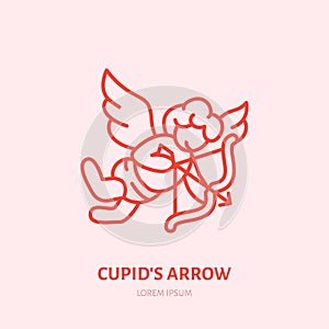 Cupid with bow and arrow flat line icon. Valentines day celebration sign
