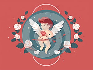 Cupid with bow and arrow, Valentine\'s Day vector illustration. Generative AI
