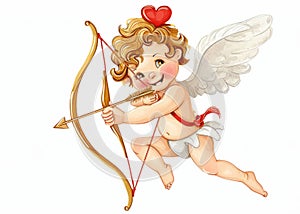 Cupid with bow and arrow on a white background.