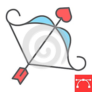 Cupid bow color line icon, valentines day and love, arrow with heart sign vector graphics, editable stroke filled