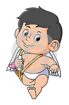 The cupid boy is walking and bringing the arrow and bow