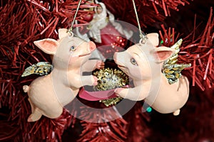 Cupid Christmas Piglets holding golden heart on red tree