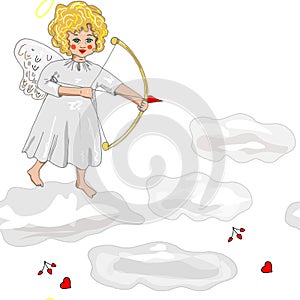 Cupid in the clouds. Vector seamless pattern with cupid and heart