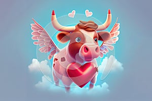 cupid cow in love, postcard for 14 february - valentineÃ¢â¬â¢s day.