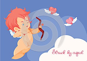 Cupid hunting with archer bow flying hearts.