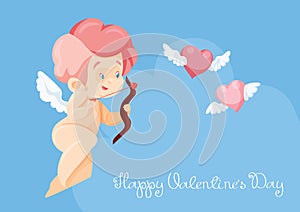 Cupid hunting with archey bow flying hearts. Handwritten fun quotation Valentines Day message